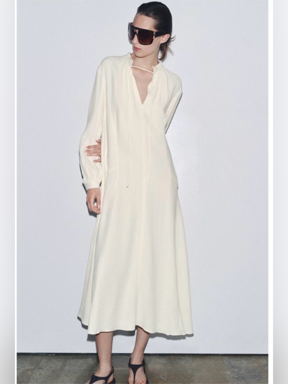 Zara ZW Collection Oyster White V-Neck Tie Front Long Sleeve Midi Dress Large